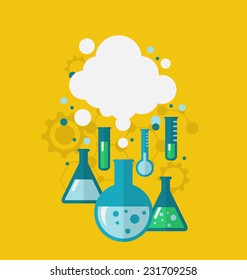 Plantilla de ilustración de experimento químico que muestra varios ensayos realizados en cristales de laboratorio utilizando soluciones químicas y reacciones. Estilo plano moderno - vector