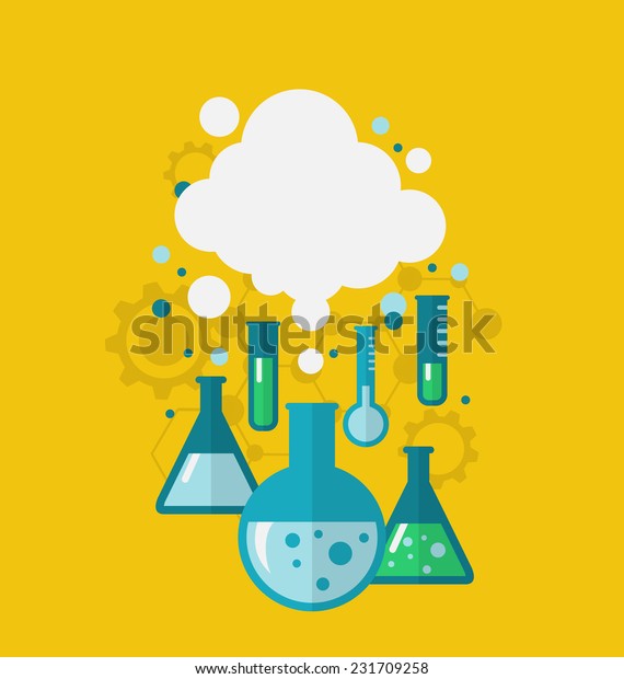 Illustration\
template of chemical experiment showing various tests being\
conducted in laboratory glassware using chemical solutions and\
reactions. Modern flat style -\
vector