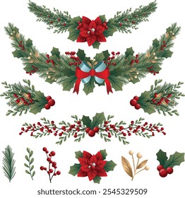 illustration template for Christmas ornaments in the form of pine leaves, flowers, ribbons, berries and Christmas lights in editable vector format on an isolated white background
