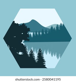 Illustration template design, with natural scenery of trees, mountains and lakes