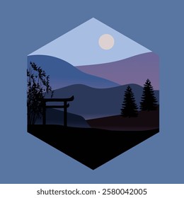 Illustration template design, with natural scenery of trees, mountains and lakes. Temple concept on a hill