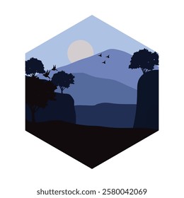 Illustration template design, with natural views of trees, full moon and Rocky Mountains