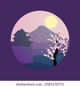 illustration template design with sakura cherry blossom and temple, natural views and full moon suitable for decoration 