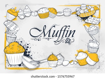 Illustration von Vorlagen verschiedener Arten von Muffin für das Menü-Hintergrund-Design von Hotel oder Restaurant