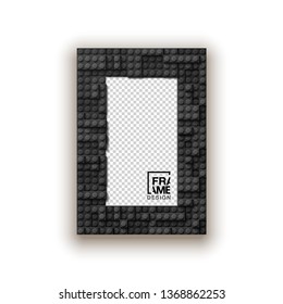 illustration template empty frame set for photo of realistic 3d plastic details in black color. Pattern of shiny plastic construction blocks of different sizes with shadow isolated on white background