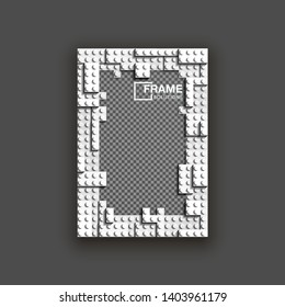 illustration template empty frame set for photo of realistic 3d plastic details in white color. Pattern of shiny plastic construction blocks of different sizes with shadow isolated on black background