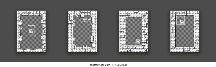 illustration template empty frame set for photo of realistic 3d plastic details in white color. Pattern of shiny plastic construction blocks of different sizes with shadow isolated on black background