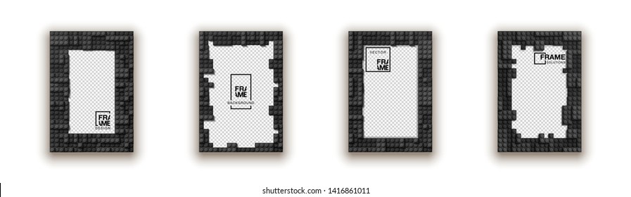 illustration template empty frame set for photo of realistic 3d plastic details in black color. Pattern of shiny plastic construction blocks of different sizes with shadow isolated on white background