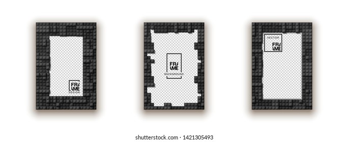 illustration template empty frame set for photo of realistic 3d plastic details in black color. Pattern of shiny plastic construction blocks of different sizes with shadow isolated on white background