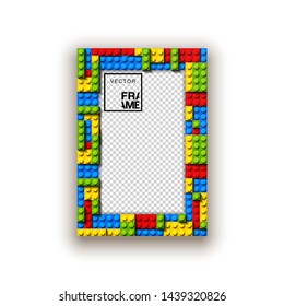 illustration template empty frame set for photo of realistic 3d plastic details in 4 color red, green, blue, yellow. Pattern of shiny plastic construction blocks of different sizes with shadow.