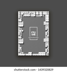 illustration template empty frame set for photo of realistic 3d plastic details in white color. Pattern of shiny plastic construction blocks of different sizes with shadow isolated on black background