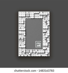 illustration template empty frame set for photo of realistic 3d plastic details in white color. Pattern of shiny plastic construction blocks of different sizes with shadow isolated on black background