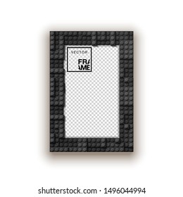 illustration template empty frame set for photo of realistic 3d plastic details in black color. Pattern of shiny plastic construction blocks of different sizes with shadow isolated on white background