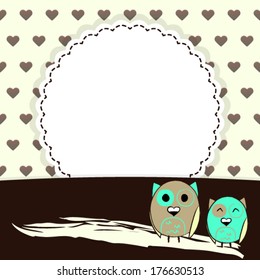 Illustration of Template greeting card with brown hearts and two owls