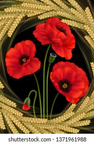 Illustration of template for greeting or invitation card with wheat ear wreath and poppy flowers
