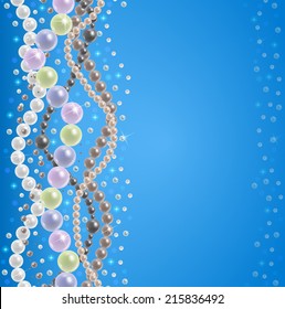 Illustration of template for greeting or invitation card with colored pearl strings and blue background 