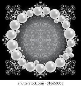 Illustration of template for greeting or invitation card with pearl frame and abstract silver ornament on black background

