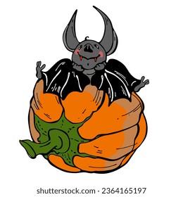 Illustration, template, for the Halloween holiday. Funny bat and pumpkin. Isolated naturalistic drawing for Halloween. A bat is sitting on a pumpkin. Vector cartoon for Halloween. Black silhouette