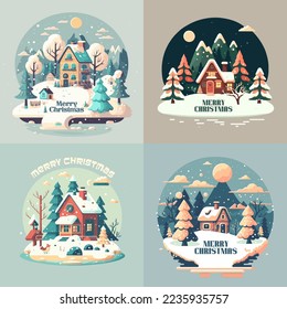 Illustration template of Merry Christmas Happy New Year Greetings Card Invitation Banner flat vector style, santa clause, kids, snowman, winter, tree, forest, nature