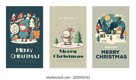 Illustration template of Merry Christmas Happy New Year Greetings Card Invitation Banner flat vector style, santa clause, kids, snowman, winter, tree, forest, nature
