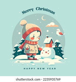 Illustration template of Merry Christmas Happy New Year Greetings Card Invitation Banner flat vector style, santa clause, kids, snowman, winter, tree, forest, nature