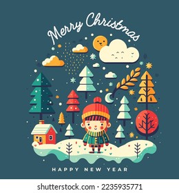 Illustration template of Merry Christmas Happy New Year Greetings Card Invitation Banner flat vector style, santa clause, kids, snowman, winter, tree, forest, nature