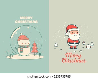 Illustration template of Merry Christmas Happy New Year Greetings Card Invitation Banner flat vector style, santa clause, kids, snowman, winter, tree, forest, nature