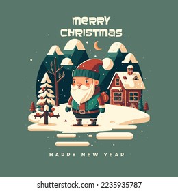 Illustration template of Merry Christmas Happy New Year Greetings Card Invitation Banner flat vector style, santa clause, kids, snowman, winter, tree, forest, nature