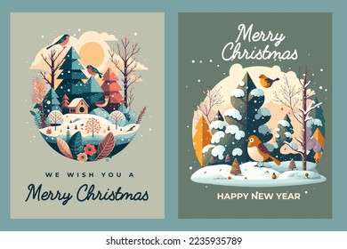 Illustration template of Merry Christmas Happy New Year Greetings Card Invitation Banner flat vector style, santa clause, kids, snowman, winter, tree, forest, nature