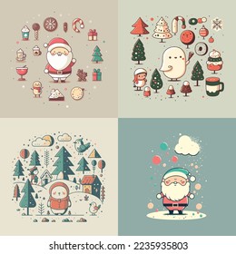 Illustration template of Merry Christmas Happy New Year Greetings Card Invitation Banner flat vector style, santa clause, kids, snowman, winter, tree, forest, nature