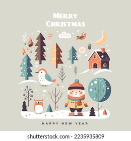 Illustration template of Merry Christmas Happy New Year Greetings Card Invitation Banner flat vector style, santa clause, kids, snowman, winter, tree, forest, nature