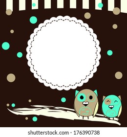 Illustration of Template for postcard with two owls and brown background