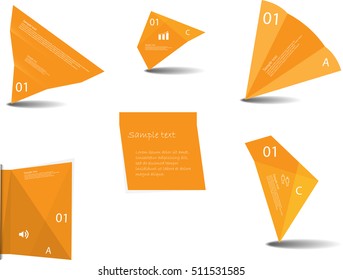 Illustration template with set of various graphic elements. Color of items is light orange. Each contains sample text with number and simple sign and is created by different shape.