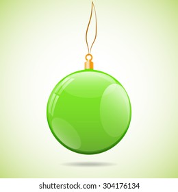 Illustration template with single shiny green christmas ball with the bright light color background in corners and with shadow under. Ball contains several reflections including windows.