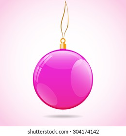 Illustration template with single shiny pink christmas ball with the bright light color background in corners and with shadow under. Ball contains several reflections including windows.