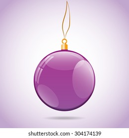 Illustration template with single shiny violet christmas ball with the bright light color background in corners and with shadow under. Ball contains several reflections including windows.