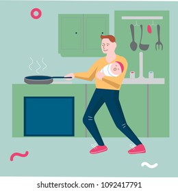 Illustration template vector with man holding a baby and cooking