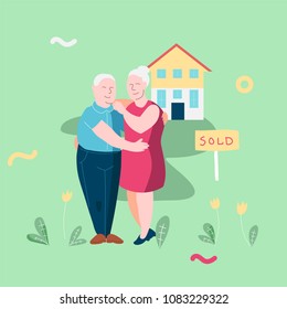 Illustration template vector with old couple hugs and sell their house