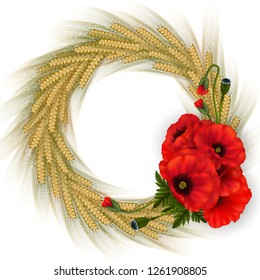 Illustration of template for wedding, greeting or invitation card with wheat ear wreath and poppy flowers isolated