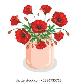 Illustration of template for wedding, greeting or invitation card with poppy flowers isolated. Red Poppy flower isolated on white background. Red poppies flowers in pot. Summer vector