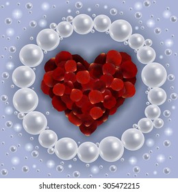 Illustration of template for wedding, greeting, invitation or valentines day card with red rose petal heart, shiny pearl frame and background