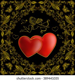 Illustration of template for wedding, greeting or invitation card with cupid, hearts and floral doodle ornament in gold color
