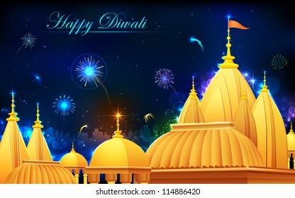 illustration of temple with backdrop of diwali firework in night sky