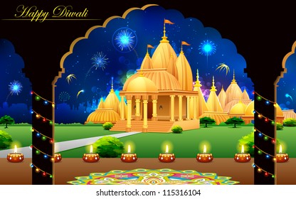 illustration of temple with backdrop of diwali firework in night sky