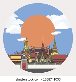Illustration of Temple of the Emerald Buddha, the main temple of Thai Royal Family, as known as Wat Phra Kaew with sun and cloudy blue sky as a background.