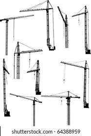 ilustración con diez grúas de construcción aisladas en fondo blanco