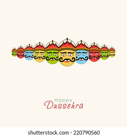 Illustration of ten colourful faces of Ravana in anger with stylish text.