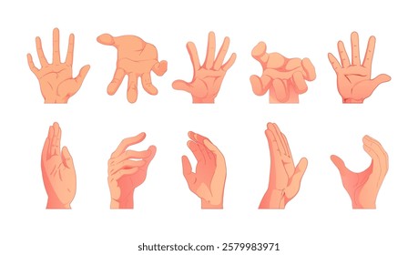 illustration of ten different hand gestures in various positions, including open palm, clenched fist, pointing, and holding