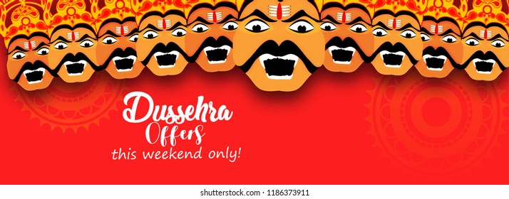 Illustration Of Ten Head Ravana With Frame For Dussehra Sale And Promotional Background Poster Or Banner.