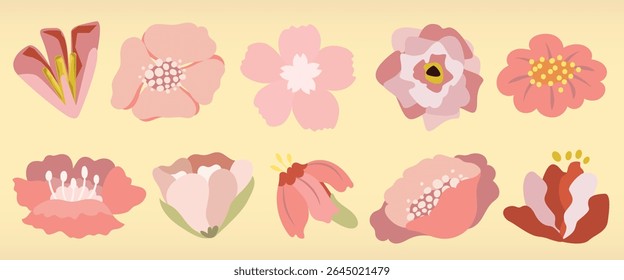 Ilustração de dez flores cor-de-rosa em estilos. Cada flor é única, apresentando diferentes tons e formas rosa. Flores cor-de-rosa sobre fundo claro. Ilustrações de flores de primavera, conjunto de vetores isolados.